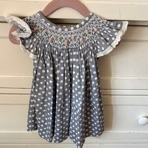 Gray Polka Dot Dress with Floral smocking Embroidery